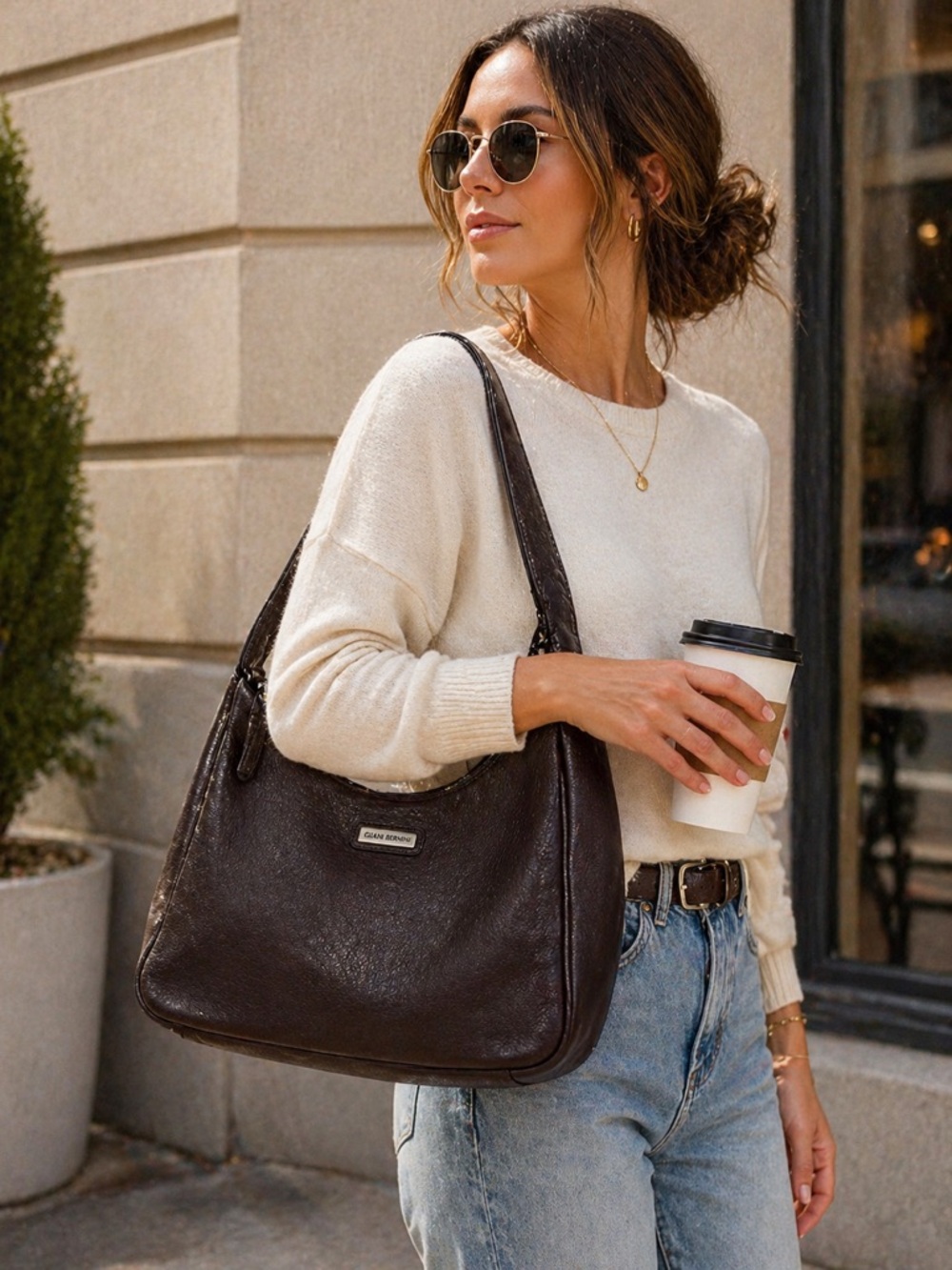 Giani Bernini Brown Pebbled Leather Shoulder Bag Minimalist Luxe Everyday Hobo